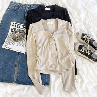 Puff-sleeve Plain Square-neck Top