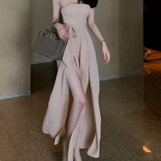 Off-shoulder Slit Wide-leg Jumpsuit
