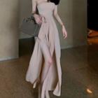 Off-shoulder Slit Wide-leg Jumpsuit