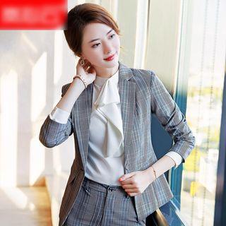 Ruffle Trim Blouse / Plaid Blazer / Dress Pants / Pencil Skirt / Set