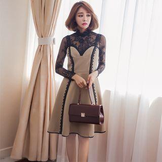 Long-sleeve Lace Top / Paneled A-line Jumper Dress