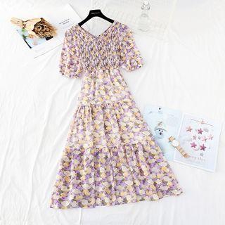 V-neck Floral Tiered Chiffon Maxi Dress