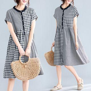 Panel Short-sleeve Medium Maxi Dress Black - Plaid - L
