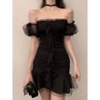 Boatneck Mesh Mini Dress Black - One Size