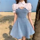 Short-sleeve Cropped Shirt / Spaghetti Strap Mini A-line Denim Dress