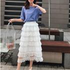 Plain Short-sleeve T-shirt / Lace Midi Layered Skirt