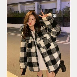 Gingham Fluffy Jacket Black & White - One Size