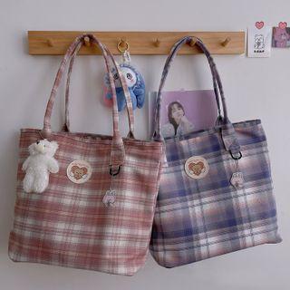 Plaid Applique Tote Bag / Bag Charm / Set