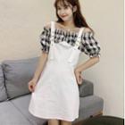 Short-sleeve Plaid Panel Mini A-line Dress White - One Size