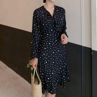 Long-sleeve Open Back Dotted Midi Dress