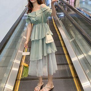 Off-shoulder Layered Strappy Midi A-line Dress