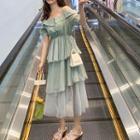 Off-shoulder Layered Strappy Midi A-line Dress