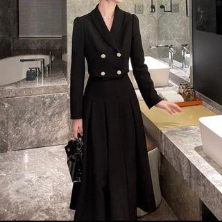 Set: Cropped Double-breasted Blazer + Pleated Midi A-line Skirt