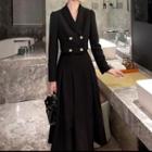 Set: Cropped Double-breasted Blazer + Pleated Midi A-line Skirt