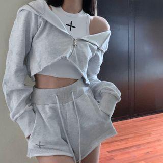 Frayed Hooded Zip Cropped Jacket / Cross Print Crop Tank Top / Drawstring Shorts