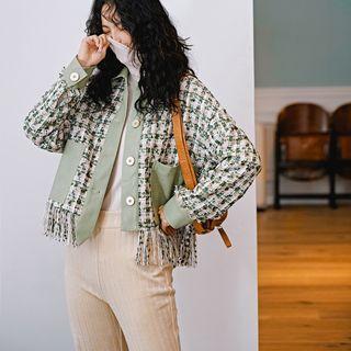 Faux Leather Paneled Tweed Jacket