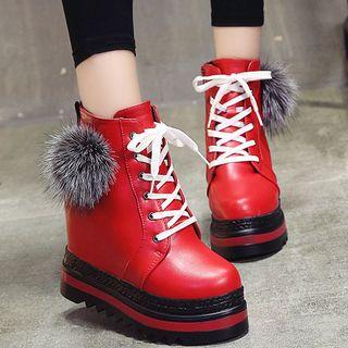 Pom Pom Lace-up Hidden Wedge Platform Short Boots
