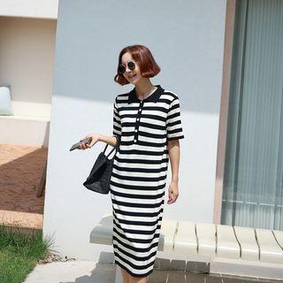 Stripe Midi Polo Shirtdress Black - One Size