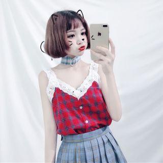 Lace Trim Plaid Camisole Top