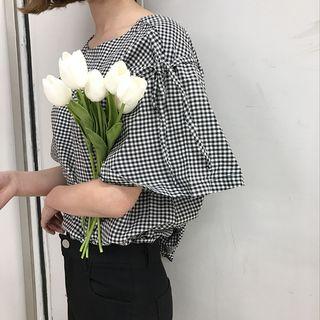 Short-sleeve Cutout Plaid Blouse