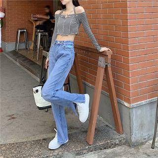 High Waist Washed Slit Loose Fit Jeans
