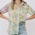 Short-sleeve Collar Floral Chiffon Shirt