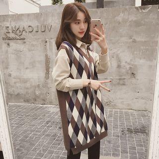 Argyle V-neck Long Knit Vest