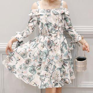 Floral Print Off Shoulder 3/4 Sleeve Dress