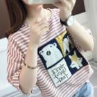Elbow-sleeve Cartoon Striped T-shirt