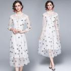 3/4-sleeve Floral Print Lace Midi A-line Dress