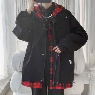 Mock Two-piece Plaid Panel Hooded Zip-up Jacket