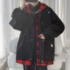 Mock Two-piece Plaid Panel Hooded Zip-up Jacket