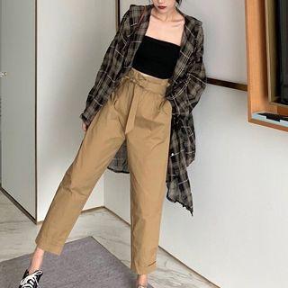 Plaid Long Shirt / Tube Top / Straight Cut Pants / Set