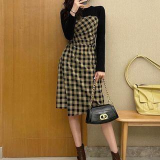 Mock Two-piece Long-sleeve Plaid Panel Sheath Dress