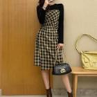 Mock Two-piece Long-sleeve Plaid Panel Sheath Dress