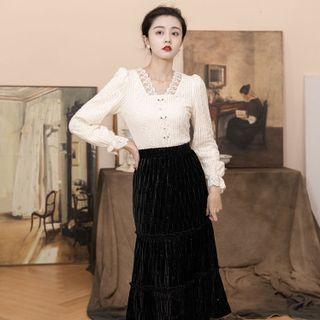 Set: Long-sleeve Lace Blouse + Velvet Midi A-line Skirt