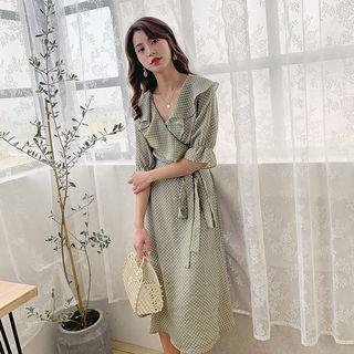 3/4-sleeve Polka Dot Chiffon Ruffled A-line Midi Dress