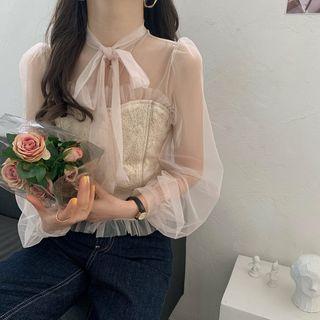 Bow Long-sleeve Mesh Blouse Mauve Pink - One Size