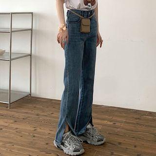 High-waist Slit Denim Straight Cut Pants