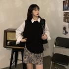 Plain Shirt / Back-slit Knit Vest / Zebra Print Mini A-line Skirt