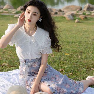 Set: Short-sleeve Lace Trim Shirt + Floral Midi A-line Skirt