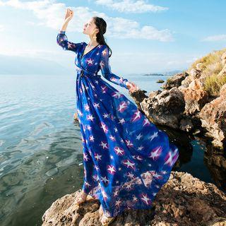 Long-sleeved Floral Print Tie-waist V-neck Dress