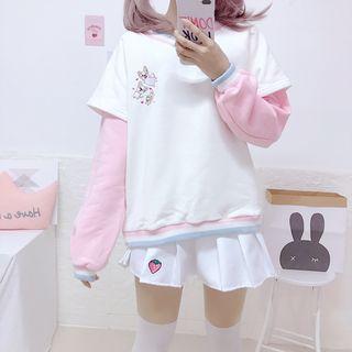 Mock Two-piece Dog Embroidered Pullover