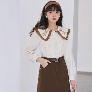 Doll Collar Floral Embroidered Corduroy Blouse