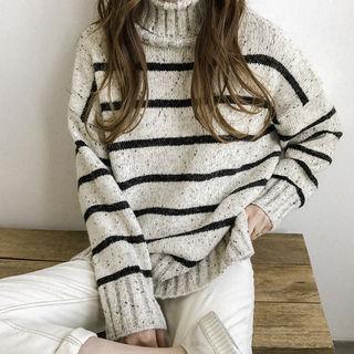 Turtle-neck Stripe Wool Blend Sweater