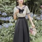 Mock Two-piece Striped Short-sleeve Midi A-line Dress