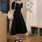 Short-sleeve Cutout Drawstring-waist Midi A-line Dress