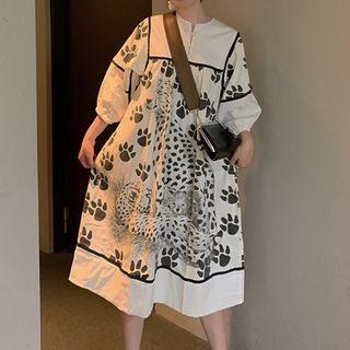 Long-sleeve Print Shift Dress Black & White - One Size