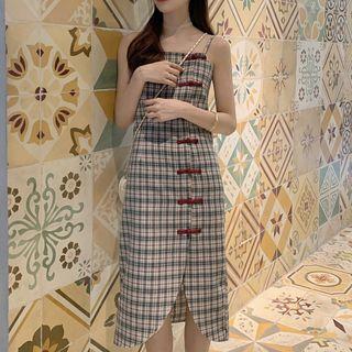 Spaghetti-strap/ Short-sleeve Checked Dress