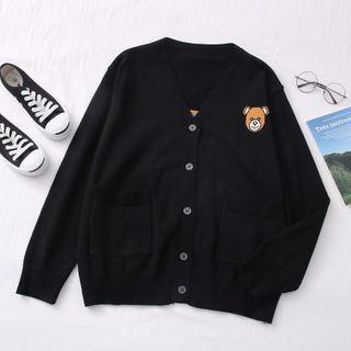 Bear-print Knit Cardigan Black - One Size